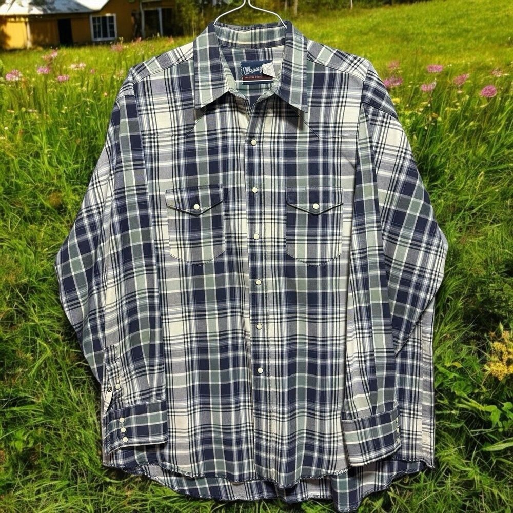 Wrangler Western Shirt Mens XL Blue Green Plaid Pearl Snap Long Sleeve Cowboy